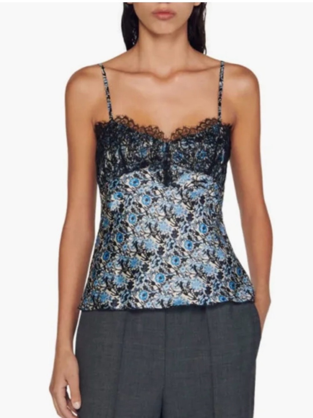 Sandro Dantin Lace-Trim Floral Satin Cami Top in Blue